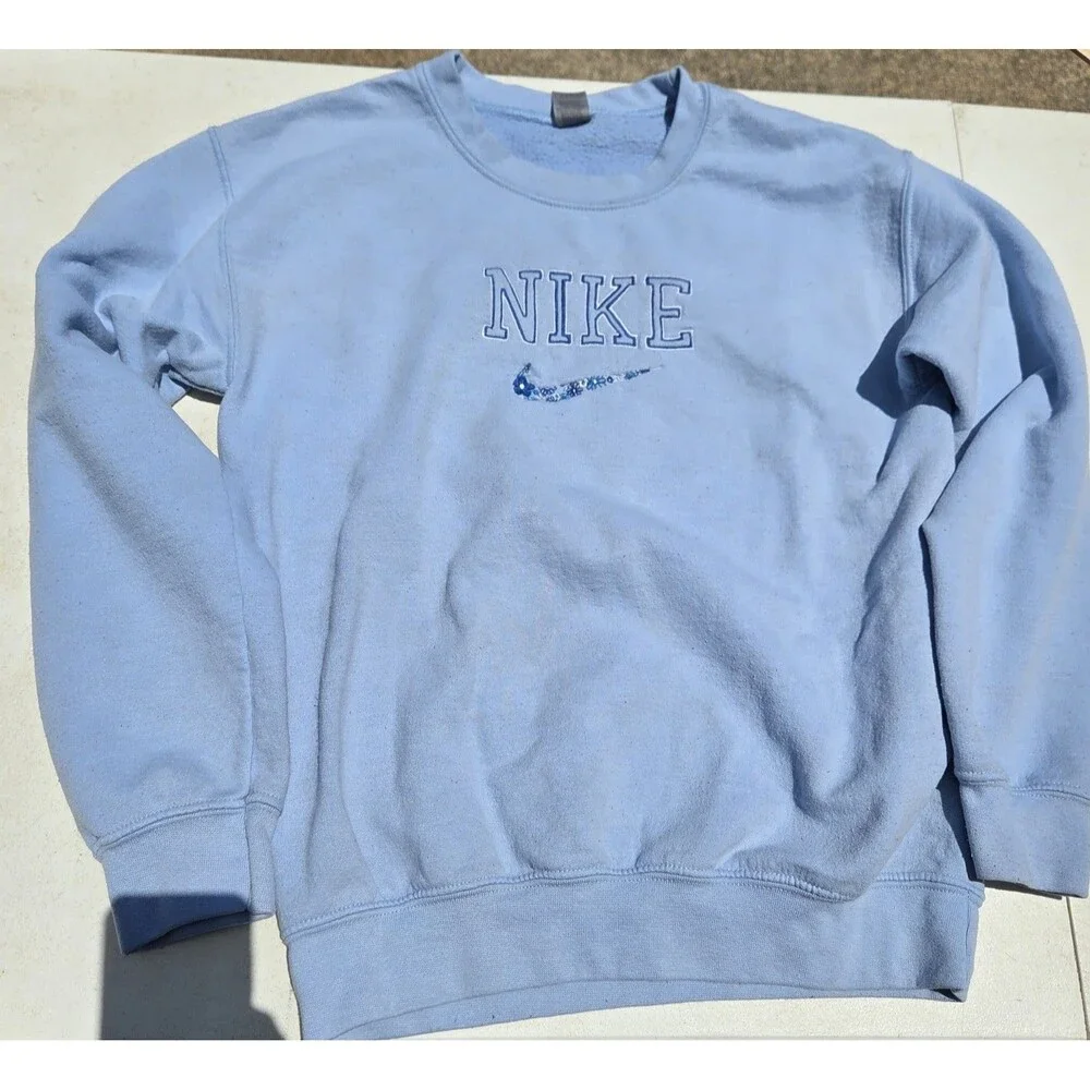 Nike Spellout Custom Embroidered Floral Swoosh Sweatshirt Light Blue Small